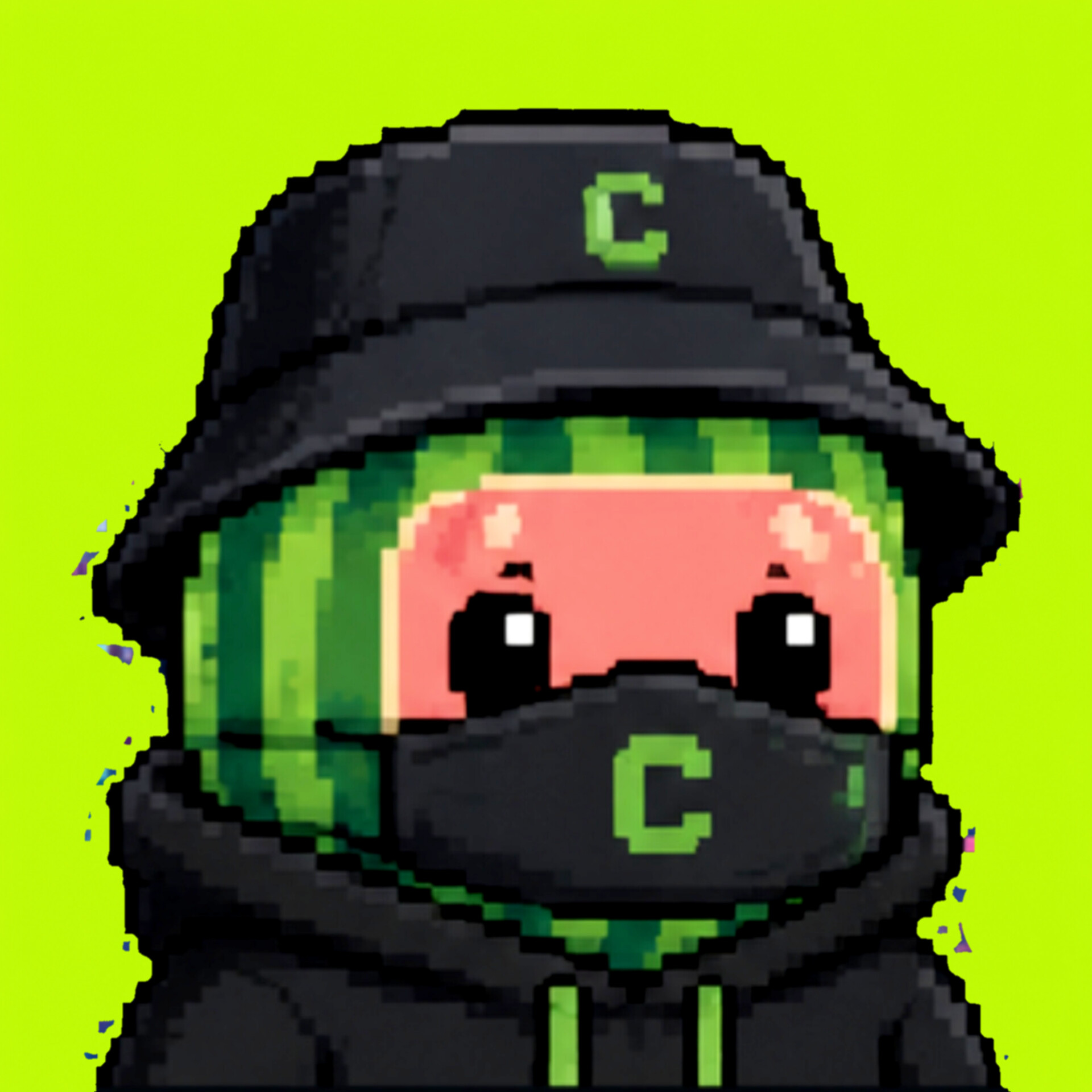 Cucumelon pixel art character in a frog onesie holding a drink